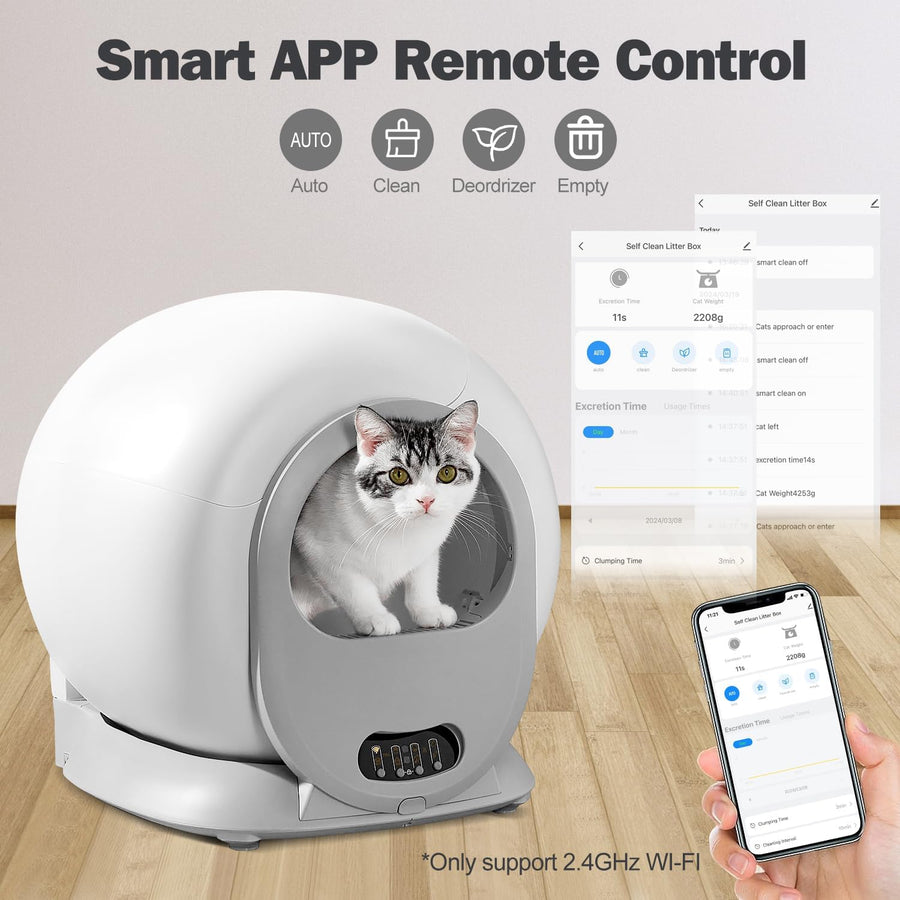 X26 smart cat litter box with kitten inside, app interface screenshots for auto, clean, deodorize, and empty controls