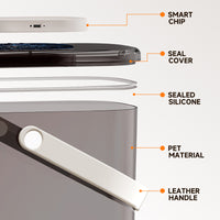 Exploded parts diagram of the Q5 pet food storage bucket labeled with smart chip, seal cover, sealed silicone