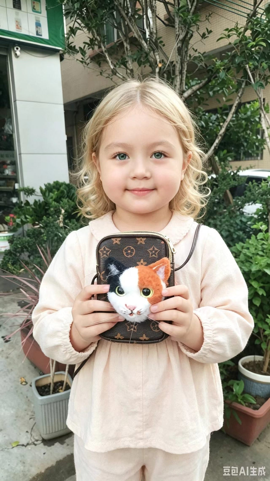 Young girl in a pink dress holding a finished calico cat felt head sculpture against a monogrammed backpack outdoors