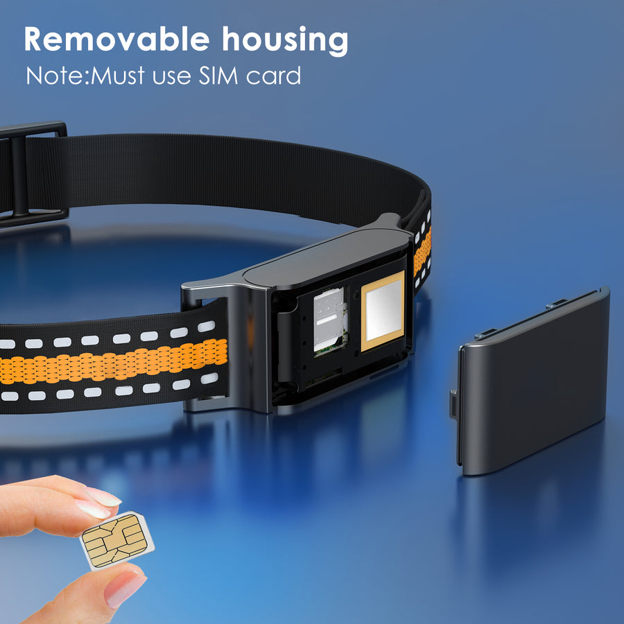 Close up of C9 collar with removable cover opened to reveal SIM card slot; hand holding a nano SIM below.