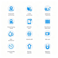 Same twelve feature icons for the C9 GPS tracker collar on a white background, covering GPS, geo-fence, IP65 and battery.