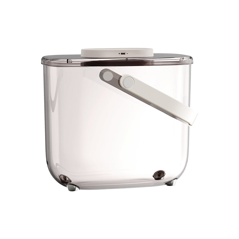 Empty Q5 vacuum pet food storage bucket in smoky brown with leather style handle, displayed on a plain white background