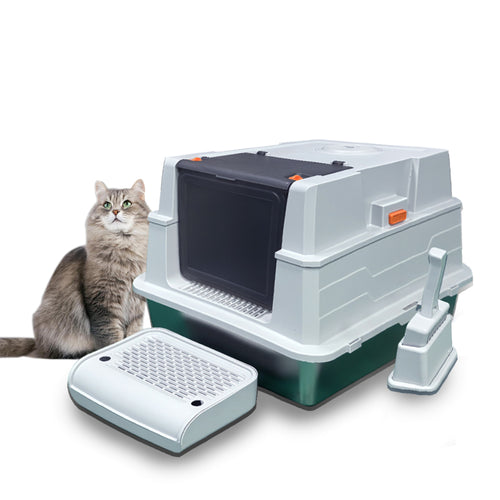SU-01 enclosed stainless steel cat litter box in green and gray with charcoal-filtered front entrance