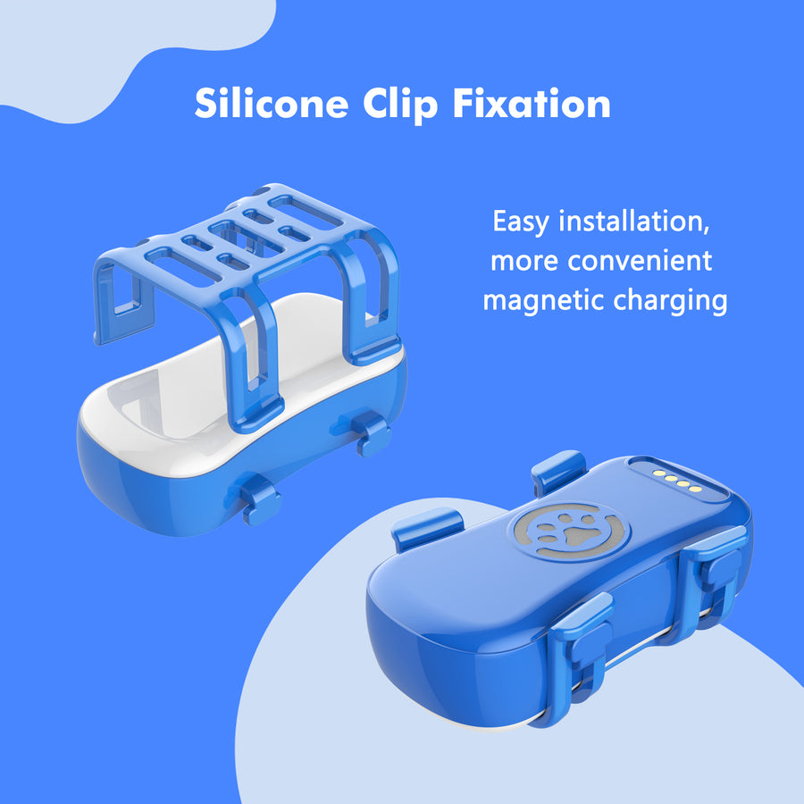 Detail shot of two blue silicone brackets and the tracker paw print, highlighting the silicone clip fixation and magnetic