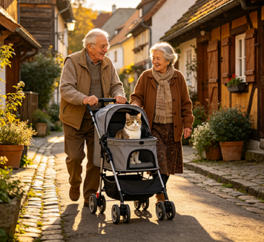 Elderly couple pushing the gray pet stroller down a cobblestone village street, with a calico cat inside