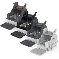 Three-color lineup of the SU-01 in gray, black and light gray, lids open to reveal the stainless steel inner basin