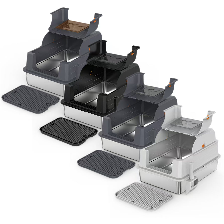 Three-color lineup of the SU-01 in gray, black and light gray, lids open to reveal the stainless steel inner basin