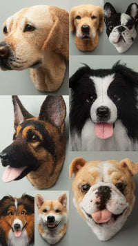Six needle felted dog head sculptures in different breeds including German Shepherd, Border Collie