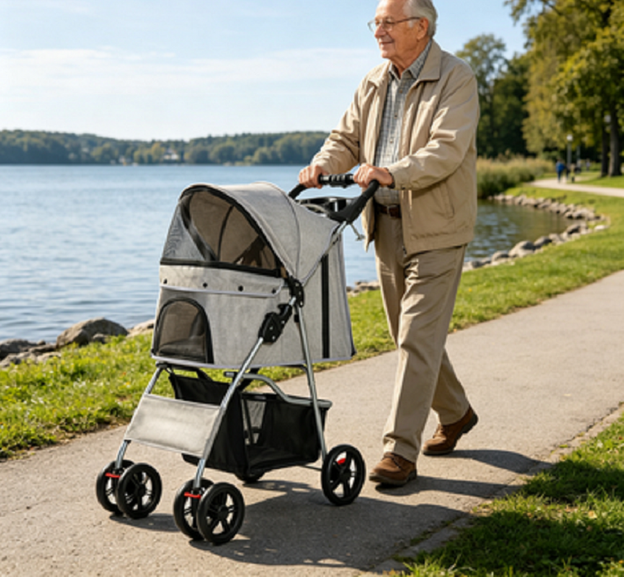 Senior man walking the gray pet stroller along a lakeside path on a sunny day