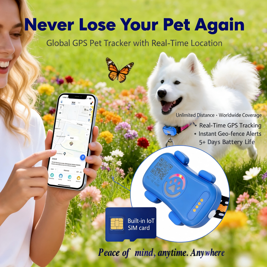 Banner Never Lose Your Pet Again: woman with map app, Samoyed wearing the blue GPS tracker, and built-in IoT SIM callout