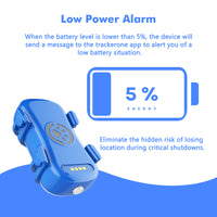 Low Power Alarm graphic showing the blue tracker next to a five percent battery icon