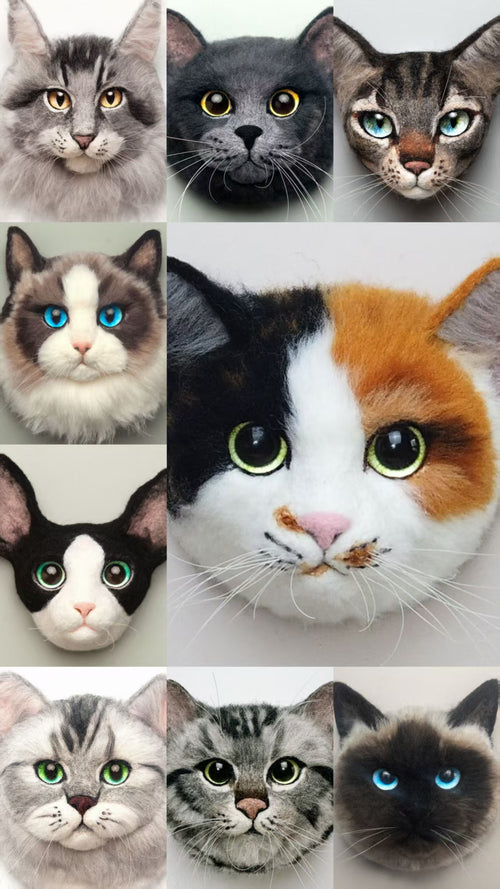Grid collage of nine needle felted cat head sculptures in different breeds and colors