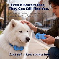Outdoor scene Even If Battery Dies: man holds the blue tracker next to a Samoyed wearing the same device with a visible QR