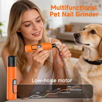 Woman using the M06 pet nail grinder on a golden retriever's paw, with a 40dB low-noise motor comparison chart.