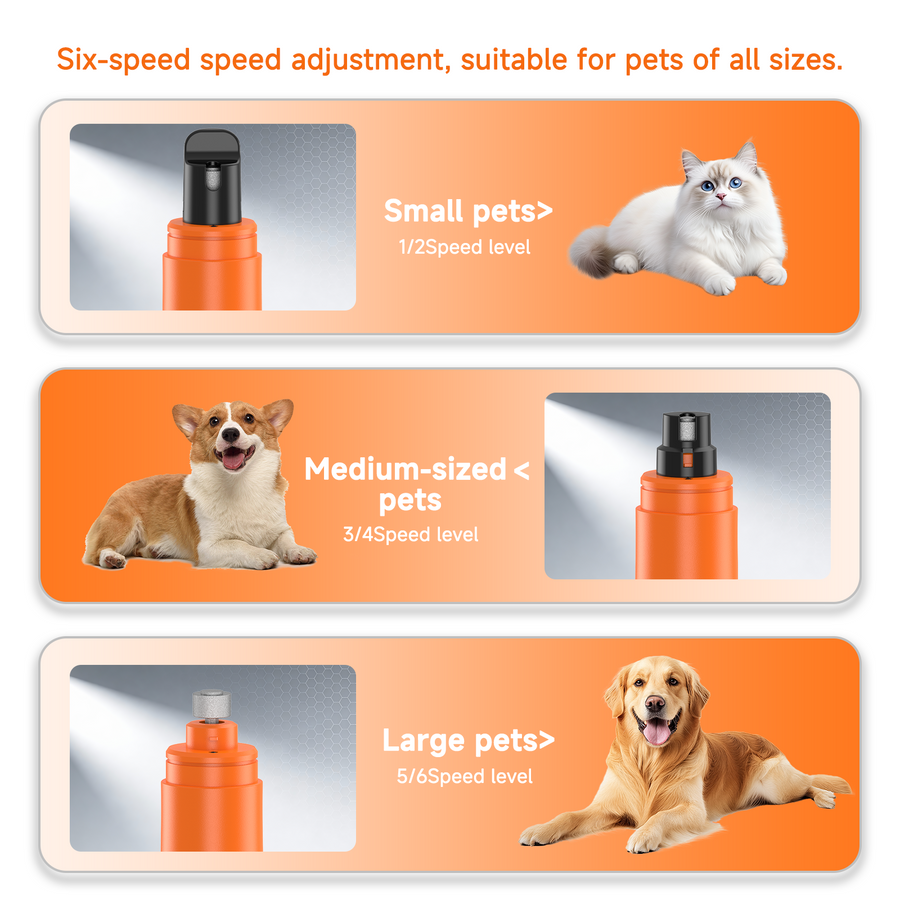 Six-speed guide for the M06 nail grinder: levels 1 to 2 for cats, 3 to 4 for medium dogs and 5 to 6 for large dogs.