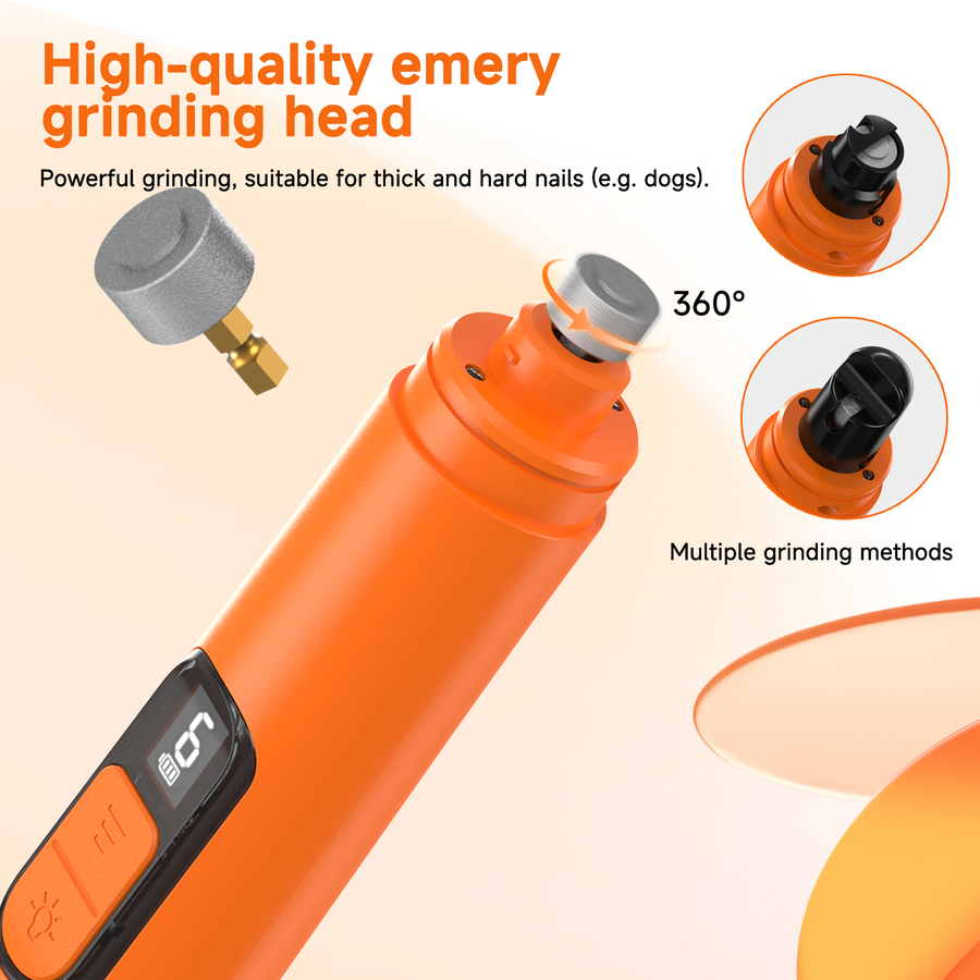 Close up of the M06 nail grinder's emery grinding head with 360 degree rotation arrow and interchangeable heads.