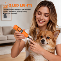 Woman using the M06 grinder on a corgi's paw; built-in LED light illuminates the nail to avoid over-grinding.