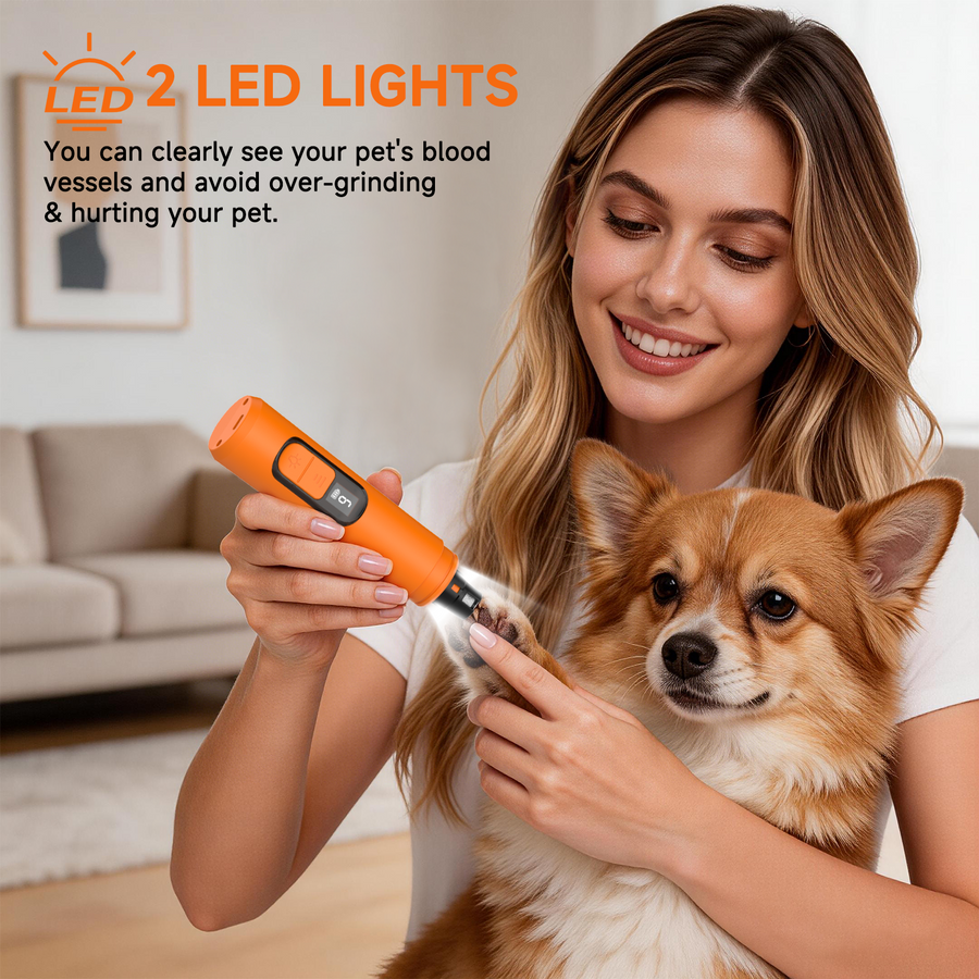 Woman using the M06 grinder on a corgi's paw; built-in LED light illuminates the nail to avoid over-grinding.