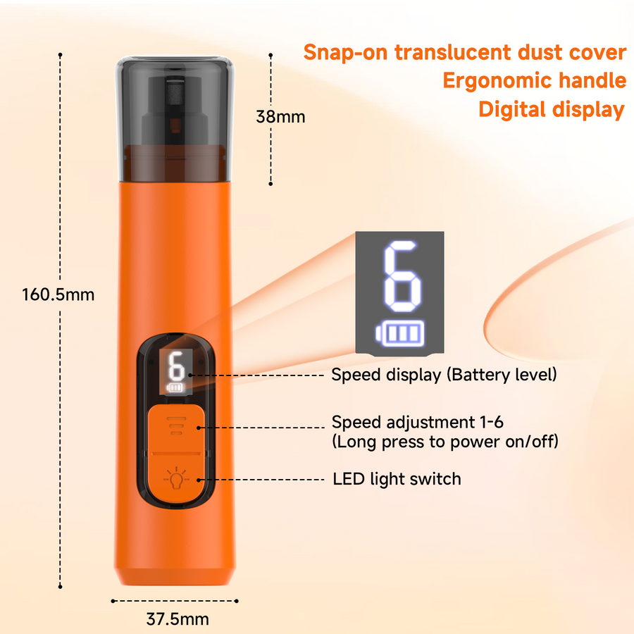 Size and specification diagram for the M06 pet nail grinder: 160.5mm tall, 37.5mm wide with labeled controls.
