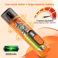Cutaway view of the M06 grinder showing motor and 2000mAh battery; tachometer indicates 7000 to 12000 RPM.